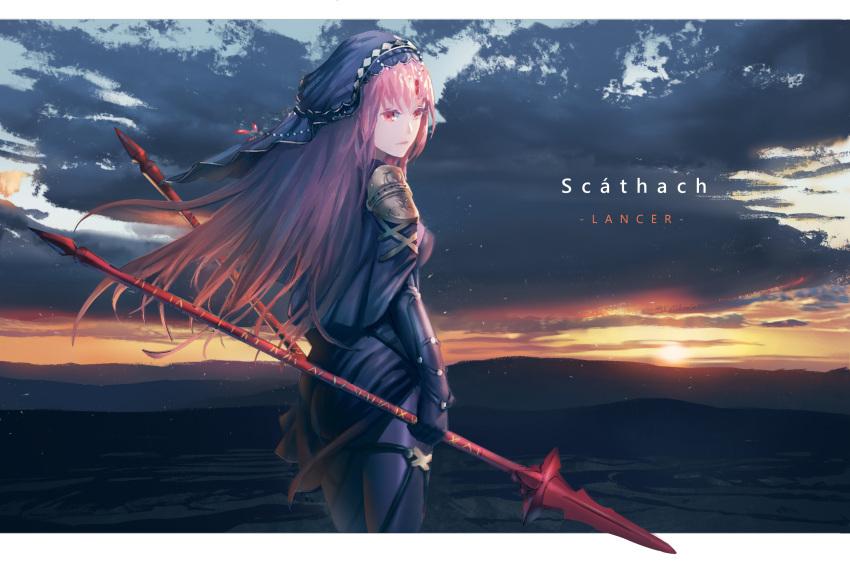 1girl bangs beads bodysuit breasts capelet character_name closed_mouth clouds cowboy_shot dual_wielding english expressionless fate/grand_order fate_(series) floating_hair from_behind gae_bolg gem gloves harng1239 highres holding holding_spear holding_weapon landscape letterboxed long_hair looking_at_viewer looking_back medium_breasts mountainous_horizon outdoors outside_border pink_hair polearm purple_bodysuit purple_capelet purple_gloves red_eyes scathach_(fate/grand_order) shoulder_armor solo spear standing sun sunlight sunset veil weapon wind