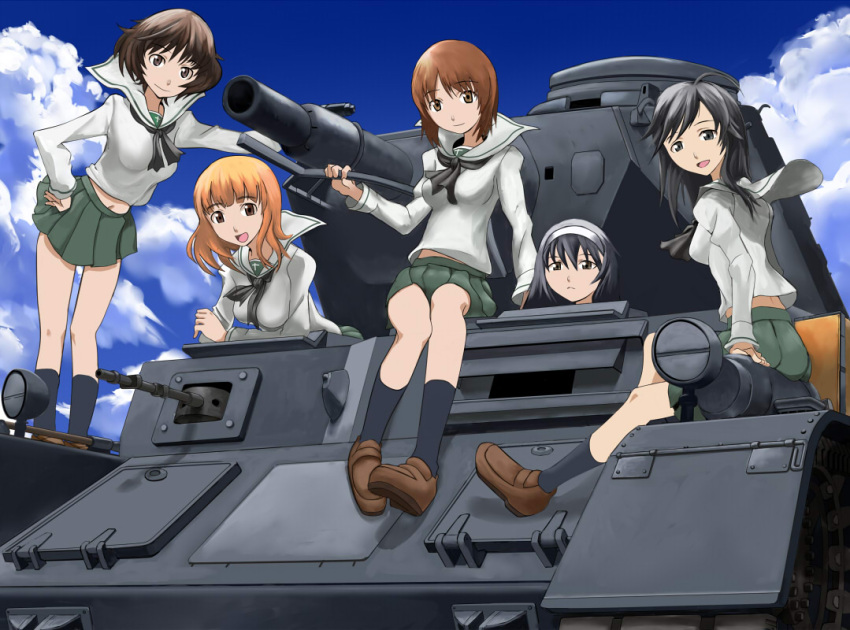 5girls 640mb akiyama_yukari black_eyes black_hair breasts brown_eyes brown_hair caterpillar_tracks clouds girls_und_panzer ground_vehicle isuzu_hana long_hair military military_vehicle motor_vehicle multiple_girls nishizumi_miho ooarai_school_uniform open_mouth orange_eyes orange_hair panzerkampfwagen_iv reizei_mako short_hair sky smile takebe_saori tank