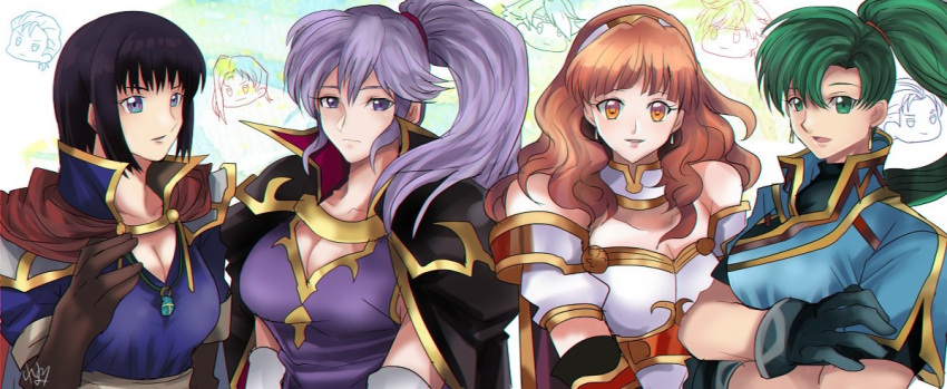 4girls black_hair blue_eyes breasts cape celica_(fire_emblem) crossed_arms fire_emblem fire_emblem:_rekka_no_ken fire_emblem:_seisen_no_keifu fire_emblem:_thracia_776 fire_emblem_echoes:_mou_hitori_no_eiyuuou fire_emblem_gaiden fire_emblem_heroes gloves green_eyes hime_cut ishtar_(fire_emblem) large_breasts long_hair looking_at_viewer lyndis_(fire_emblem) multiple_girls olwen_(fire_emblem) pauldrons pink_hair ponytail purple_hair redhead rem_sora410 smile yellow_eyes