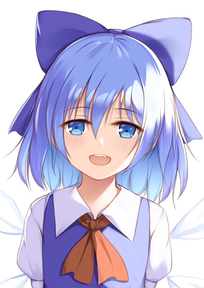 1girl :d blue_bow blue_dress blue_eyes blue_hair blush bow cirno commentary dress eyebrows_visible_through_hair fang flan_(seeyouflan) hair_between_eyes hair_bow highres ice ice_wings looking_at_viewer medium_hair neck_ribbon open_mouth puffy_short_sleeves puffy_sleeves red_neckwear red_ribbon ribbon short_sleeves simple_background smile solo touhou upper_body white_background wings