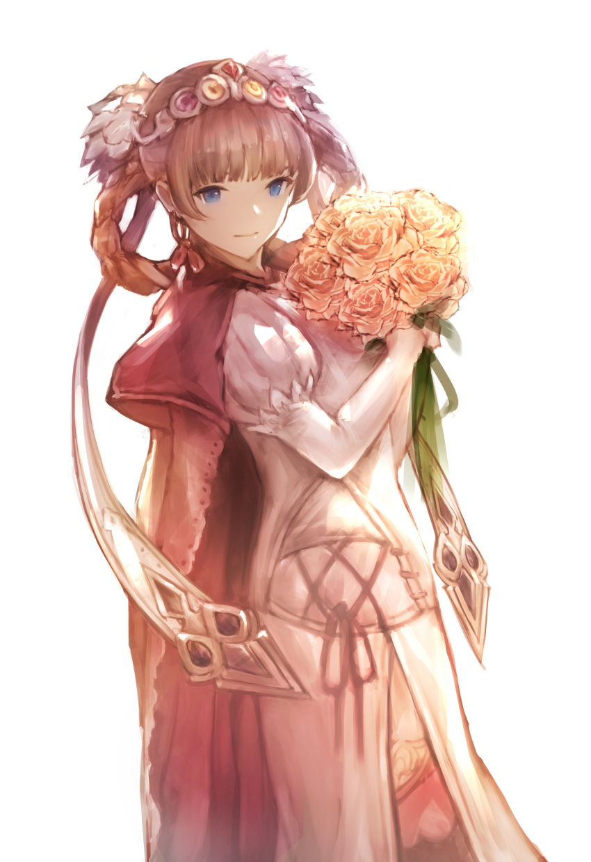1girl absurdres bangs blue_eyes blunt_bangs bouquet braid breasts brown_hair cape character_request closed_mouth commentary_request dress elbow_gloves flower gloves granblue_fantasy hair_ornament hair_rings hairband highres holding holding_bouquet jewelry juliet_(granblue_fantasy) lala_(0915_yu) long_hair medium_breasts pink_hair red_cape ribbon solo white_background white_dress white_gloves