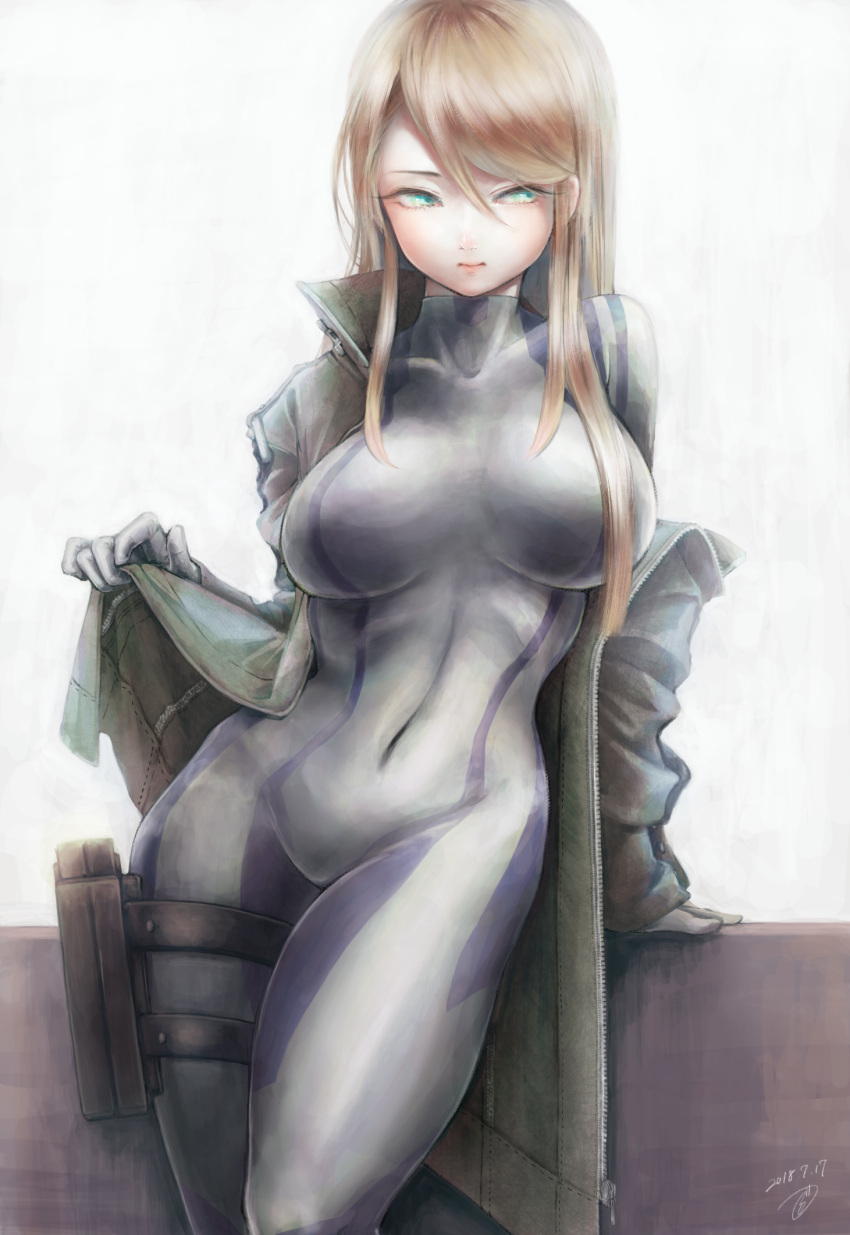 1girl arm_support bangs blonde_hair blue_bodysuit bodysuit breasts closed_mouth coat coat_lift collarbone collared_coat commentary_request covered_navel dated gloves green_eyes hand_up high_collar highres hips holster impossible_bodysuit impossible_clothes lifted_by_self long_hair long_sleeves looking_to_the_side metroid motoji_(hamayarawa) off_shoulder open_clothes open_coat samus_aran signature skin_tight solo swept_bangs unzipped zero_suit zipper