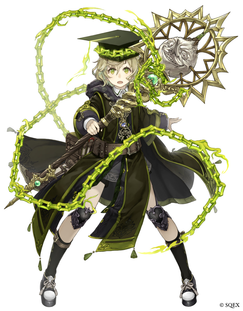 1boy :o absurdres belt blonde_hair chains coat full_body green_eyes grin hat highres holding holding_staff ji_no knee_pads long_nose looking_at_viewer mortarboard official_art pigeon-toed pinocchio_(sinoalice) shoes sinoalice smile sneakers solo staff white_background