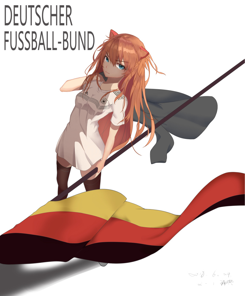 1girl 2018_fifa_world_cup 854757184 absurdres adidas blue_eyes brown_legwear closed_mouth coat dress eyebrows_visible_through_hair flag german german_flag germany grey_coat hair_between_eyes hair_ornament highres holding holding_flag jacket jacket_removed long_hair looking_at_viewer neon_genesis_evangelion orange_hair pantyhose shoes smile soccer soccer_uniform solo souryuu_asuka_langley sportswear standing white_background white_dress world_cup