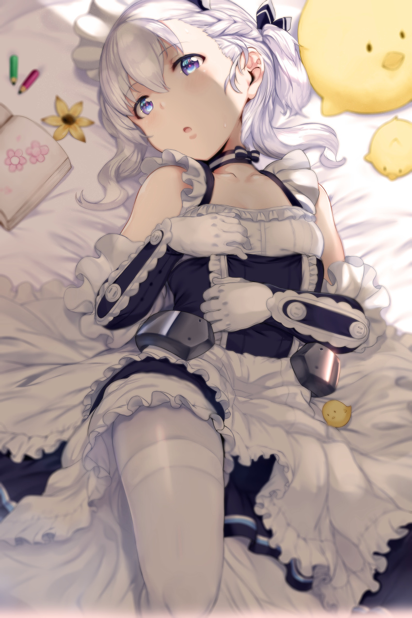 1girl absurdres apron azur_lane belchan_(azur_lane) belfast_(azur_lane) blurry braid breasts choker collarbone commentary depth_of_field dress eyebrows_visible_through_hair flower french_braid gloves hair_between_eyes hews_hack highres huge_filesize indoors lying maid_headdress on_back one_side_up pantyhose parted_lips ribbon_choker small_breasts solo stuffed_animal stuffed_toy sweatdrop symbol_commentary thighband_pantyhose violet_eyes waist_apron white_gloves white_hair white_legwear