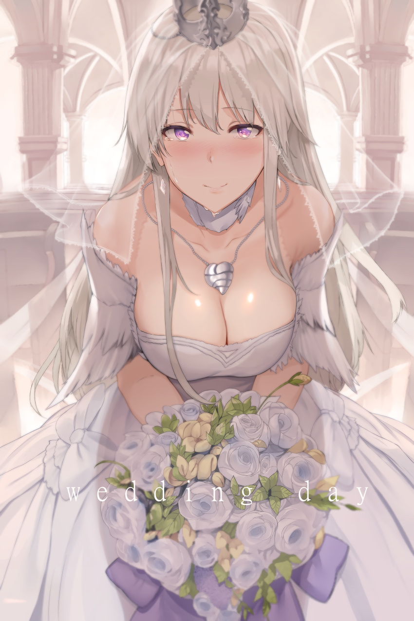 1girl absurdres azur_lane bangs bare_shoulders blush bouquet breasts bridal_veil bride cleavage closed_mouth collarbone commentary crown crying crying_with_eyes_open detached_collar dress enterprise_(azur_lane) flower hair_between_eyes hews_hack highres huge_filesize jewelry large_breasts long_hair looking_at_viewer necklace sidelocks silver_hair smile solo tears veil violet_eyes wedding_dress white_dress