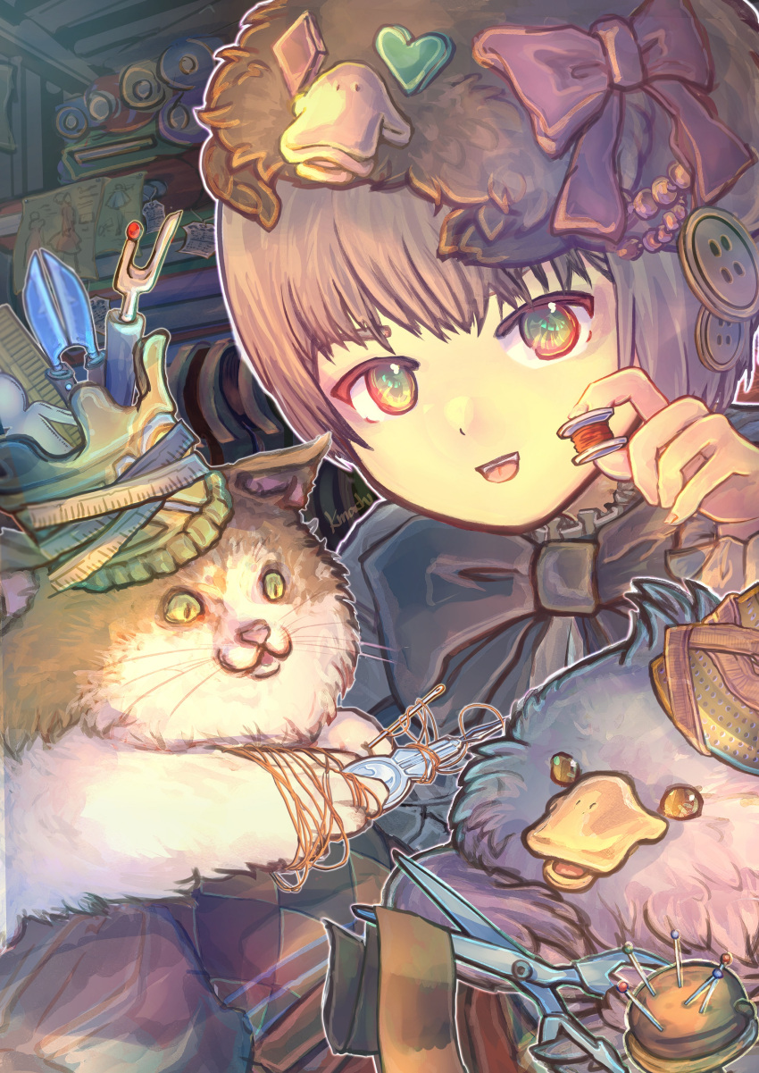 1boy 1girl :d absurdres animal_on_head bird black_bow book bow brown_hair cat hat heterochromia highres indoors looking_at_viewer mekemekemaru on_head original pincushion platypus ribbon scissors short_hair shorts smile spool steampunk