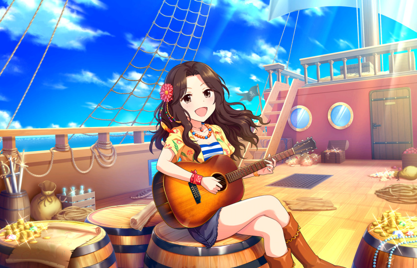 ariura_kanna blush brown_eyes brown_hair dress guitar idolmaster idolmaster_cinderella_girls_starlight_stage idolmaster_cinderella_girs long_hair smile