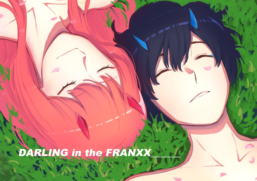12itiniti 1boy 1girl absurdres bangs black_hair blue_horns closed_eyes commentary_request couple darling_in_the_franxx english grass hetero highres hiro_(darling_in_the_franxx) horns long_hair lying on_back oni_horns petals pink_hair red_horns shirtless short_hair sleeping zero_two_(darling_in_the_franxx)