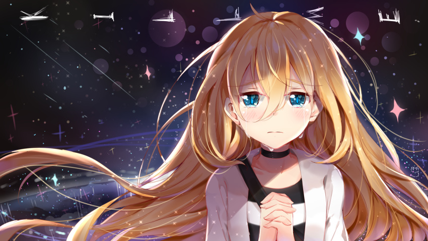 1girl bangs black_choker blue_eyes blush choker closed_mouth collarbone crying crying_with_eyes_open english eyebrows_visible_through_hair hair_between_eyes hands_clasped hands_up highres jacket long_hair looking_at_viewer nahaki open_clothes open_jacket own_hands_together rachel_gardner satsuriku_no_tenshi shirt solo sparkle striped striped_shirt tears white_jacket