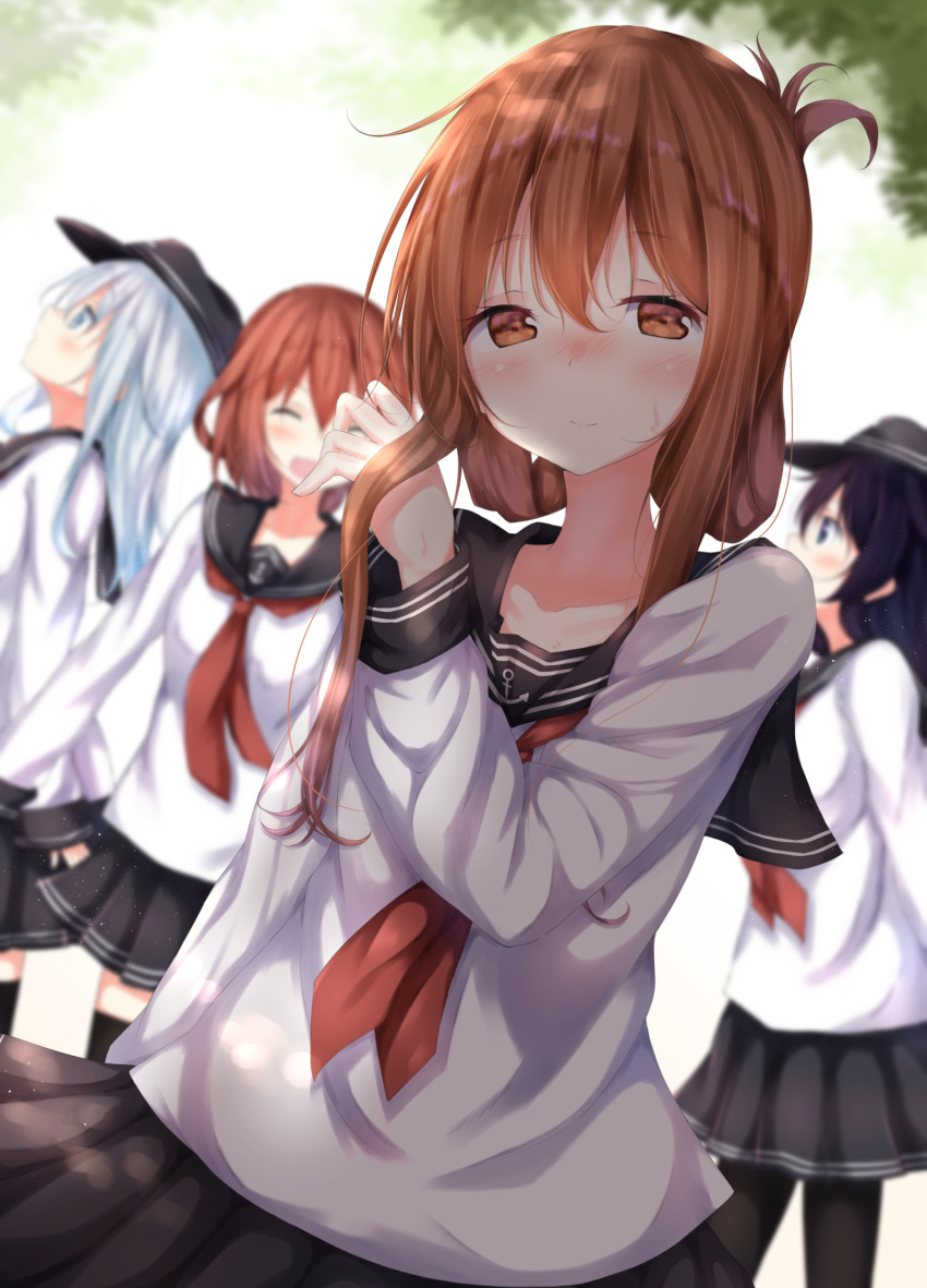 4girls akatsuki_(kantai_collection) anchor_symbol bangs black_hair black_legwear black_sailor_collar blue_eyes blurry blush brown_eyes brown_hair closed_eyes closed_mouth day depth_of_field fang flat_cap folded_ponytail hair_between_eyes hair_ornament hairclip hat hibiki_(kantai_collection) highres ikazuchi_(kantai_collection) inazuma_(kantai_collection) kantai_collection light_particles long_hair long_sleeves looking_at_viewer multiple_girls neckerchief numpopo open_mouth outdoors pantyhose pleated_skirt red_neckwear sailor_collar school_uniform serafuku shirt short_hair sidelocks silver_hair skirt smile sweat thigh-highs white_shirt