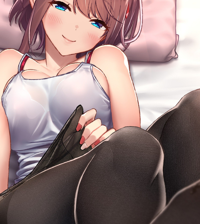 1girl baffu black_legwear blue_eyes blurry bra breasts brown_hair cleavage commentary_request depth_of_field eyebrows_visible_through_hair foreshortening highres large_breasts lying nail_polish on_back original pantyhose red_bra see-through short_hair smile solo underwear