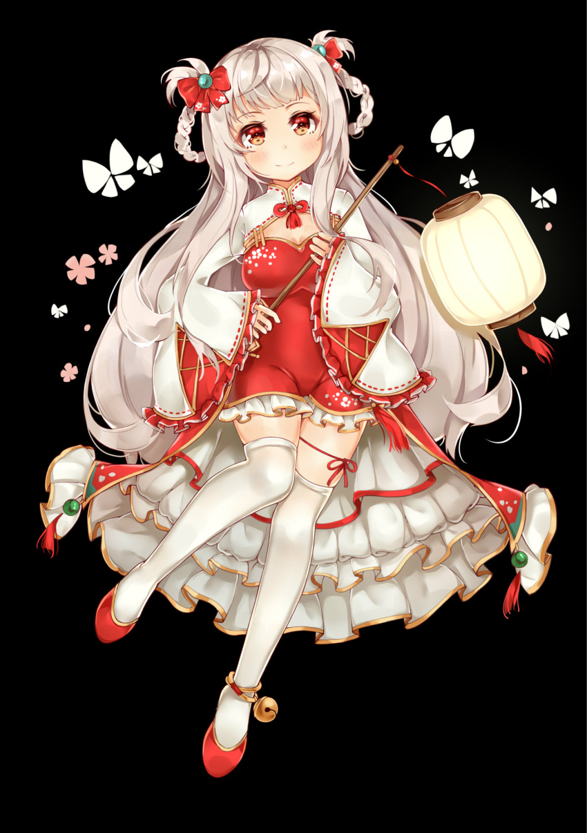 1girl ankle_bell black_background blush bug butterfly changchun_(zhan_jian_shao_nyu) frills highres insect lamp looking_at_viewer orange_eyes ribbon silver_hair situmey skindentation solo thigh-highs thigh_ribbon white_legwear zhan_jian_shao_nyu