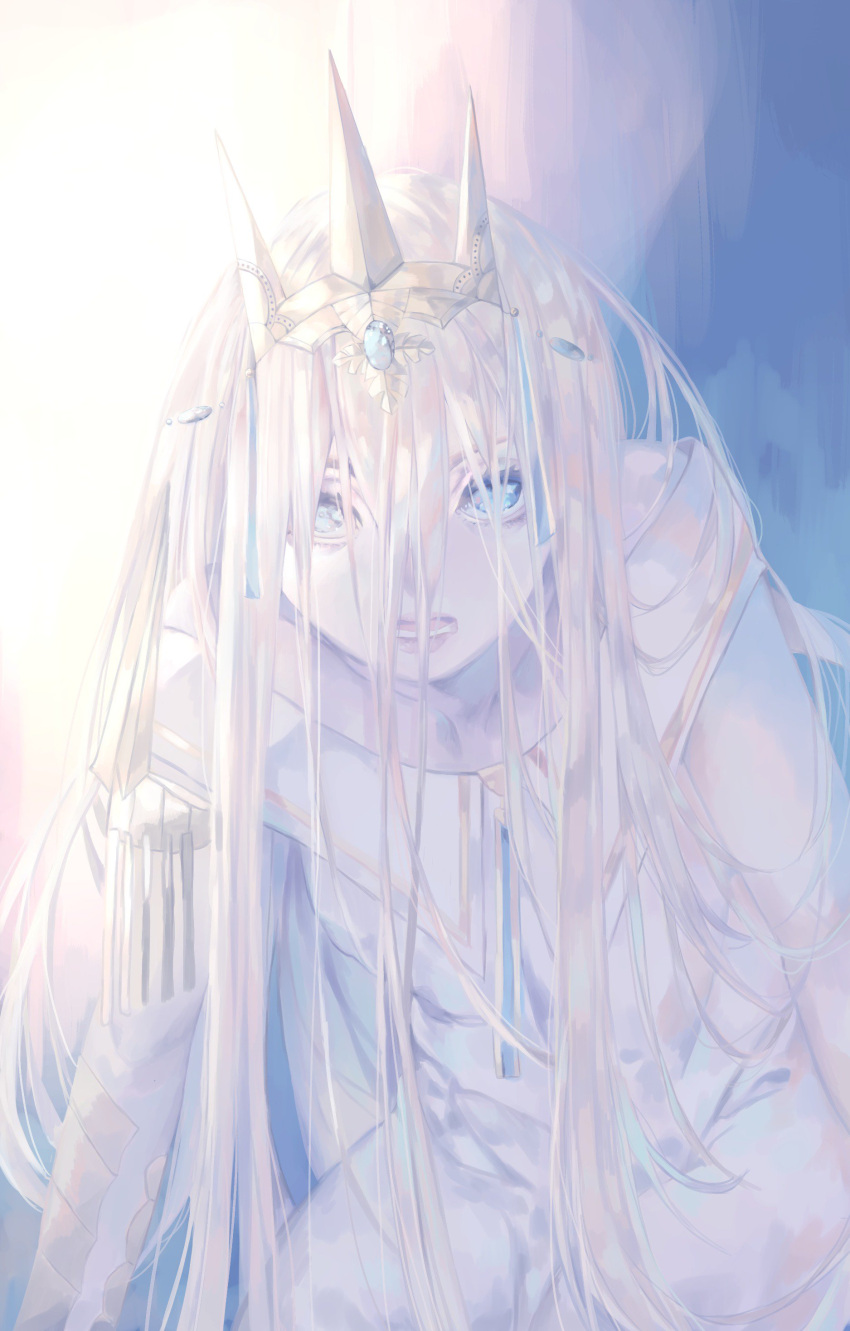 1girl absurdres blue blue_background blue_eyes crown fortisselle gradient gradient_background highres long_hair looking_at_viewer monochrome muted_color open_mouth sophia_(the_champion) the_champion white_background white_hair