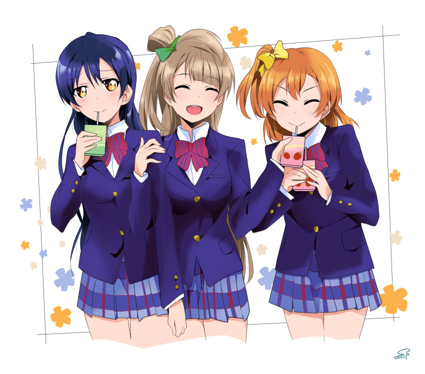 3girls bangs blue_hair closed_eyes commentary_request drink drinking drinking_straw grey_hair hair_between_eyes highres holding kousaka_honoka long_hair love_live! love_live!_school_idol_project minami_kotori multiple_girls one_side_up orange_hair otonokizaka_school_uniform simple_background smile sonoda_umi suan_ringo white_background yellow_eyes