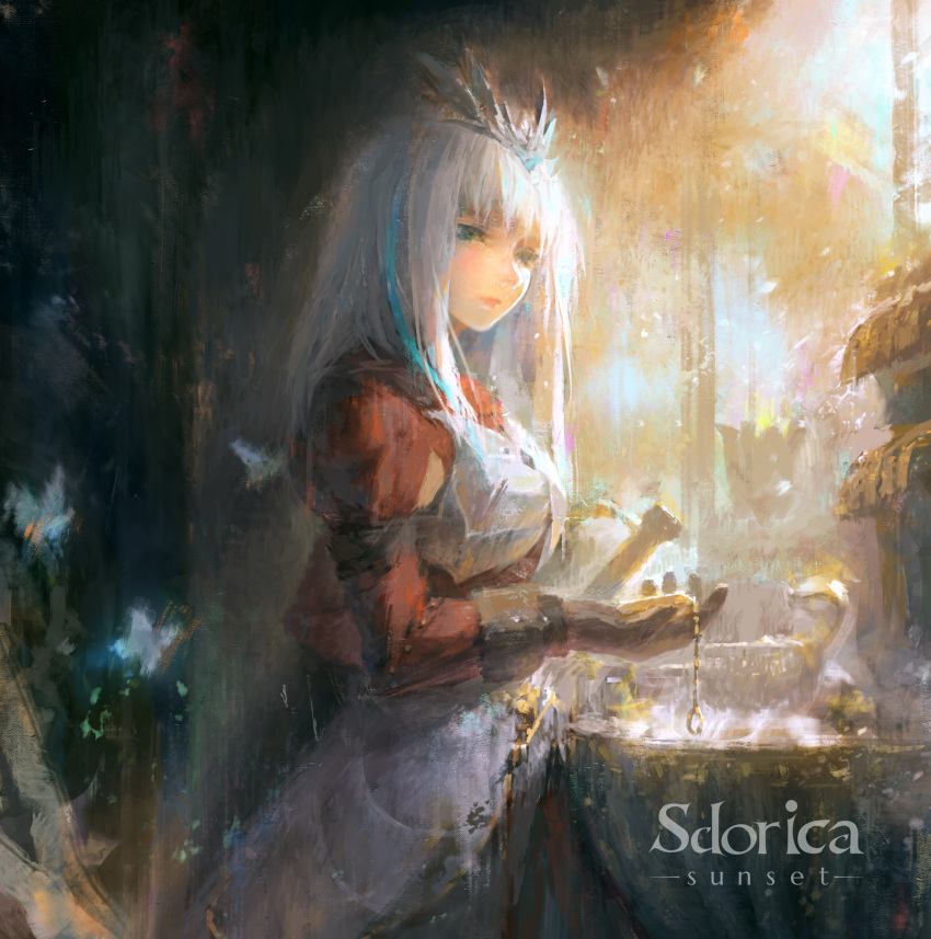 1girl bangs black_gloves blue_hair breastplate bug butterfly closed_mouth copyright_name gloves green_eyes greenpock highres insect long_hair long_sleeves multicolored_hair sdorica_-sunset- sione_(sdorica_-sunset-) solo straight_hair streaked_hair tiara two-tone_hair white_hair