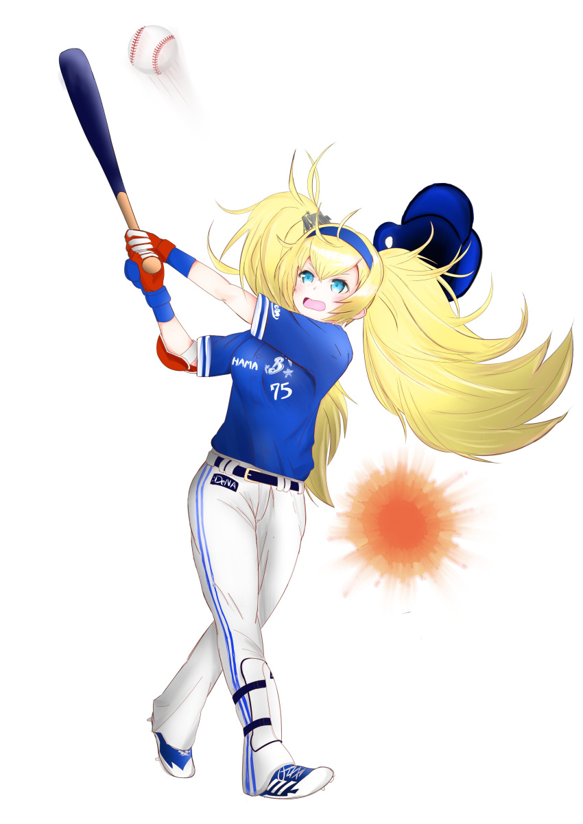 1girl absurdres alternate_costume baseball baseball_bat baseball_helmet baseball_jersey baseball_uniform batting_stance blonde_hair blue_eyes gambier_bay_(kantai_collection) gloves hair_between_eyes hairband helmet highres kantai_collection open_mouth pants ryumurasame short_sleeves solo sportswear twintails white_background white_pants yokohama_dena_baystars