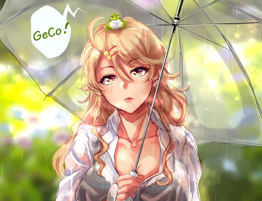 1girl amaryllis black_bra blonde_hair blush bra breasts cleavage collarbone earrings fang fingernails frog gyaru hair_ornament hairclip highres holding holding_umbrella jewelry lips long_fingernails long_hair long_sleeves looking_up nail_polish orange_eyes ouga_saki outdoors pink_nails rain see-through shirt star star_earrings tdnd-96 umbrella underwear upper_body wavy_hair wet wet_clothes wet_shirt white_shirt