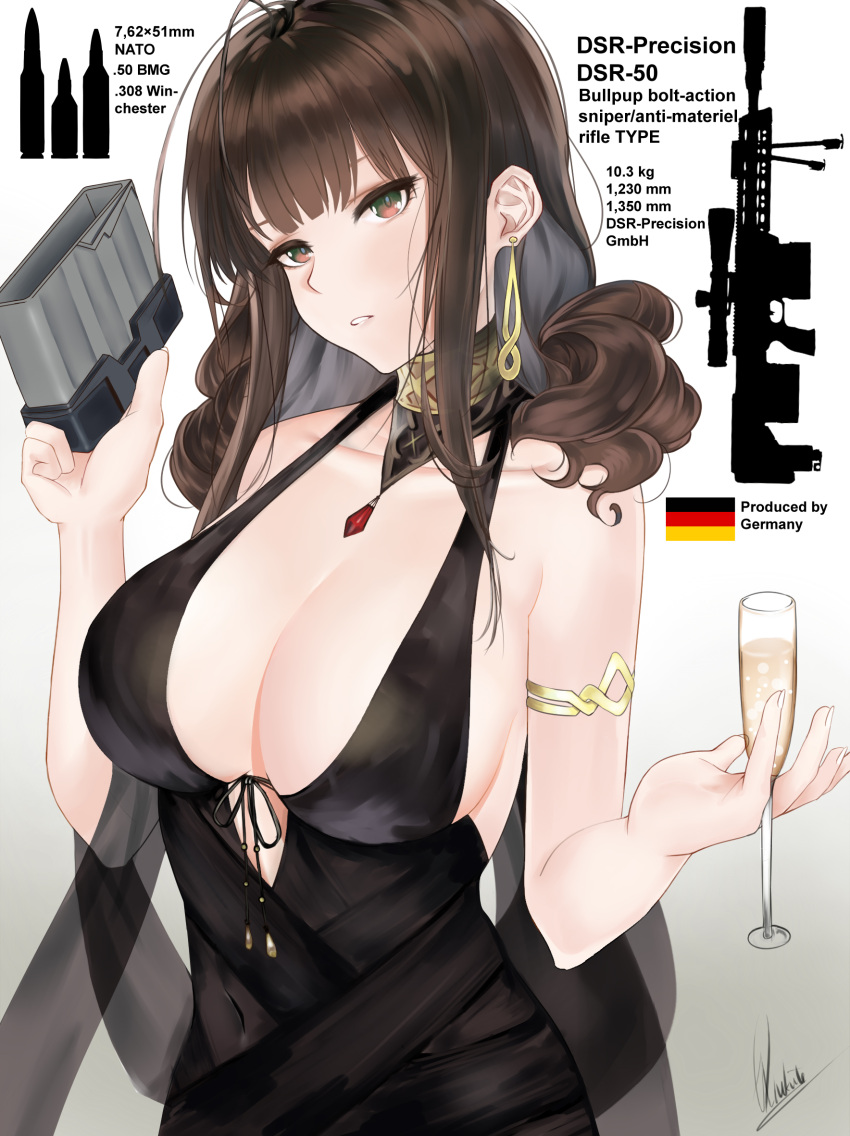 1girl ahoge alcohol alternate_costume armlet bangs bare_shoulders black_dress blunt_bangs blush breasts brown_hair champagne_flute choker cleavage collarbone cup dress drinking_glass dsr-50_(girls_frontline) earrings flower german_flag girls_frontline head_tilt highres holding holding_drinking_glass information_sheet jewelry large_breasts long_hair looking_at_viewer magazine_(weapon) parted_lips petals piukute062 red_eyes ruby_(stone) shawl sidelocks signature skindentation smile solo upper_body