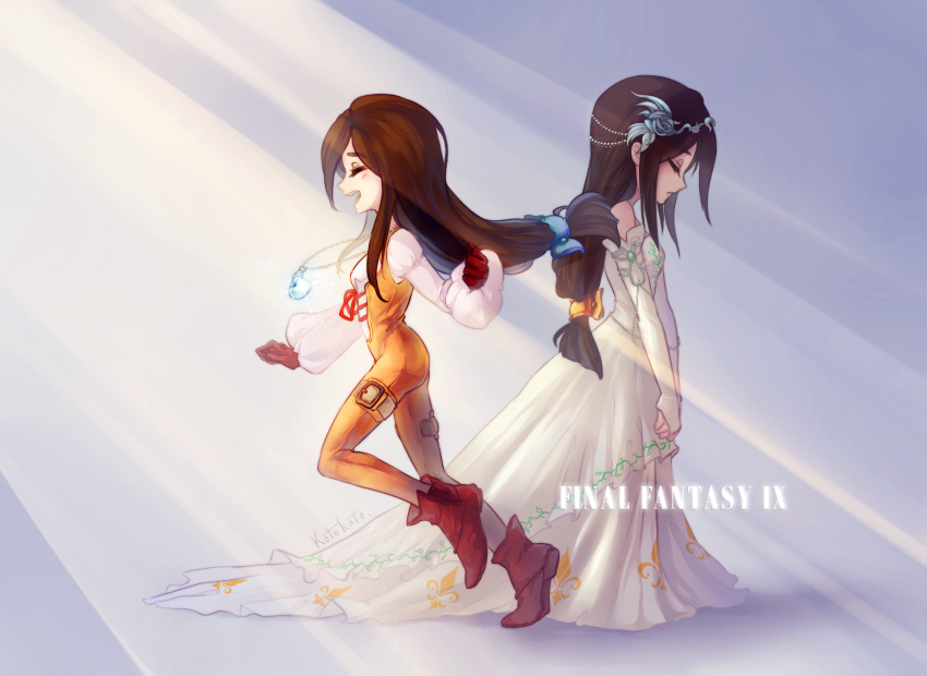 1girl black_hair bodysuit breasts commentary dress dual_persona final_fantasy final_fantasy_ix garnet_til_alexandros_xvii gloves highres jewelry long_hair low-tied_long_hair necklace open_mouth orange_bodysuit smile solo tiara wedding_dress