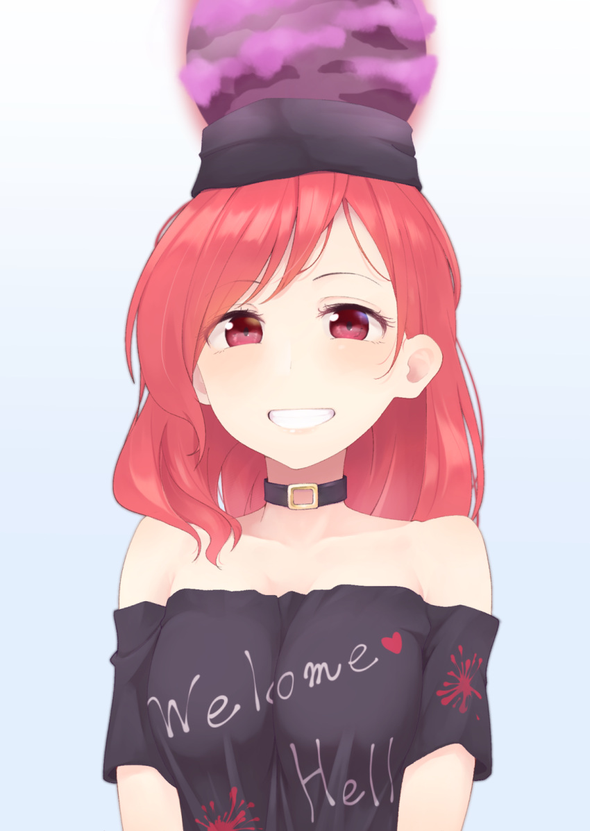 1girl black_shirt blush breasts choker eyebrows_visible_through_hair gradient gradient_background hecatia_lapislazuli highres kanpa_(campagne_9) looking_at_viewer medium_hair off-shoulder_shirt off_shoulder polos_crown red_eyes redhead shirt short_sleeves smile solo teeth touhou