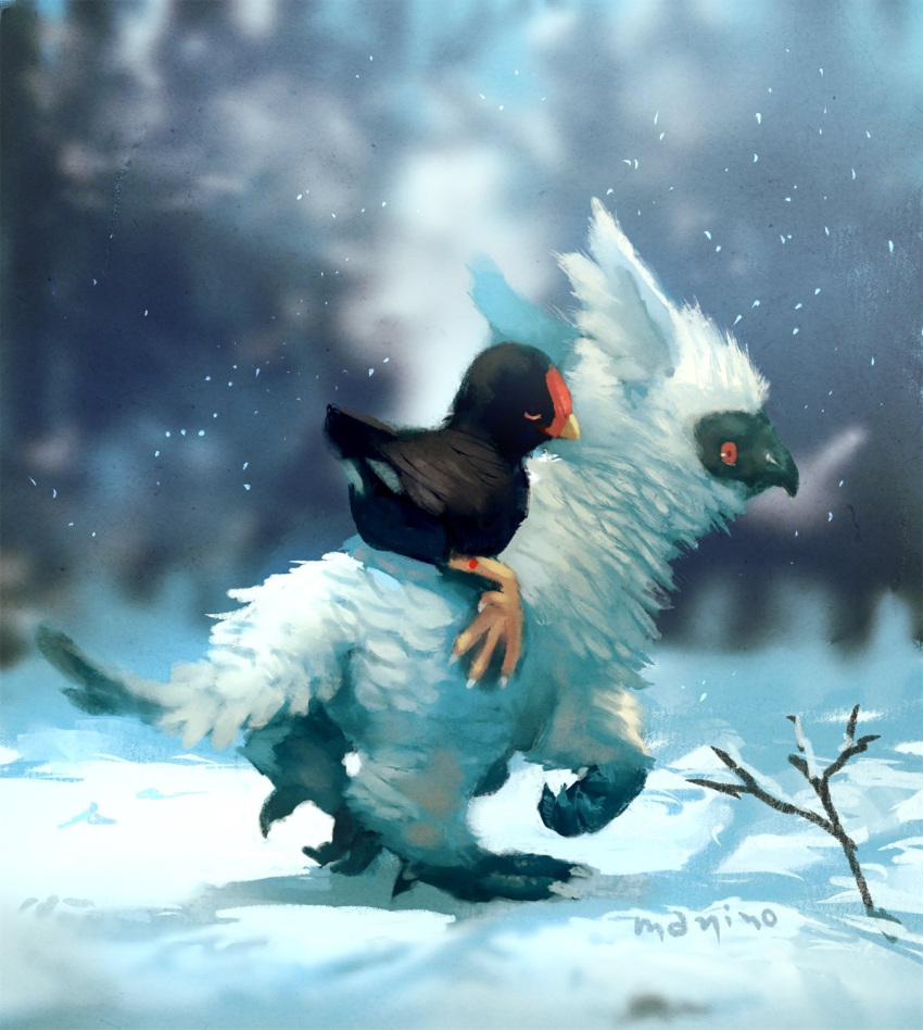 bird blurry blurry_background commentary_request creature depth_of_field furry highres manino_(mofuritaionaka) no_humans original outdoors riding scenery signature sleeping snow snowing u_u