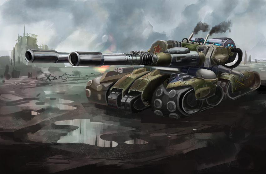 apocalypse_(command_&amp;_conquer:red_alert_3) artist_request caterpillar_tracks clouds command_and_conquer command_and_conquer_red_alert_3 day ground_vehicle hammer_and_sickle highres military military_vehicle motor_vehicle no_humans ruins sky smoke tank