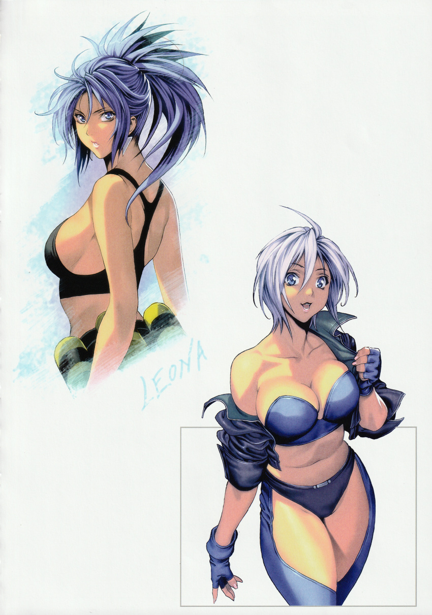 2girls :d absurdres ahoge angel_(kof) bandolier bare_shoulders blue_bra blue_eyes blue_hair bra breasts chaps cleavage collarbone cowboy_shot earrings explosive fingerless_gloves gloves grenade highres homare_(fool's_art) huge_filesize jacket jewelry large_breasts leona_heidern looking_at_viewer looking_back midriff multiple_girls navel off_shoulder open_clothes open_jacket open_mouth ponytail short_hair sideboob simple_background sleeves_pushed_up smile standing tank_top the_king_of_fighters underwear white_background white_hair