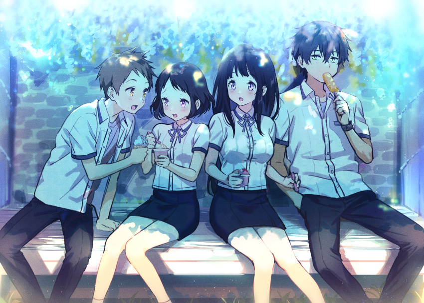 :d bangs bench black_hair blush brown_hair chitanda_eru dress_shirt food fukube_satoshi green_eyes hair_between_eyes hyouka ibara_mayaka ice_cream long_hair mery_(apfl0515) open_mouth orange_eyes oreki_houtarou pants pencil_skirt popsicle ribbon shirt short_hair short_sleeves sidelocks sitting skirt smile unbuttoned unbuttoned_shirt violet_eyes yellow_eyes