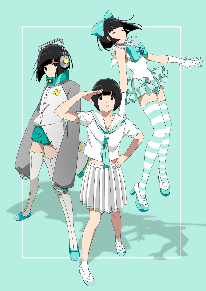 3girls absurdres aqua_background black_eyes black_hair bow chamooi closed_eyes closed_mouth dempagumi gem green_nails hand_on_hip headphones highres jacket jewelry letterman_jacket magical_girl multiple_girls multiple_persona nail_polish neckerchief necklace oversized_clothes pearl_necklace pleated_skirt salute school_uniform serafuku shoes shorts skirt thigh-highs vocaloid yumemi_nemu_(dempagumi) yumemi_nemu_(vocaloid)