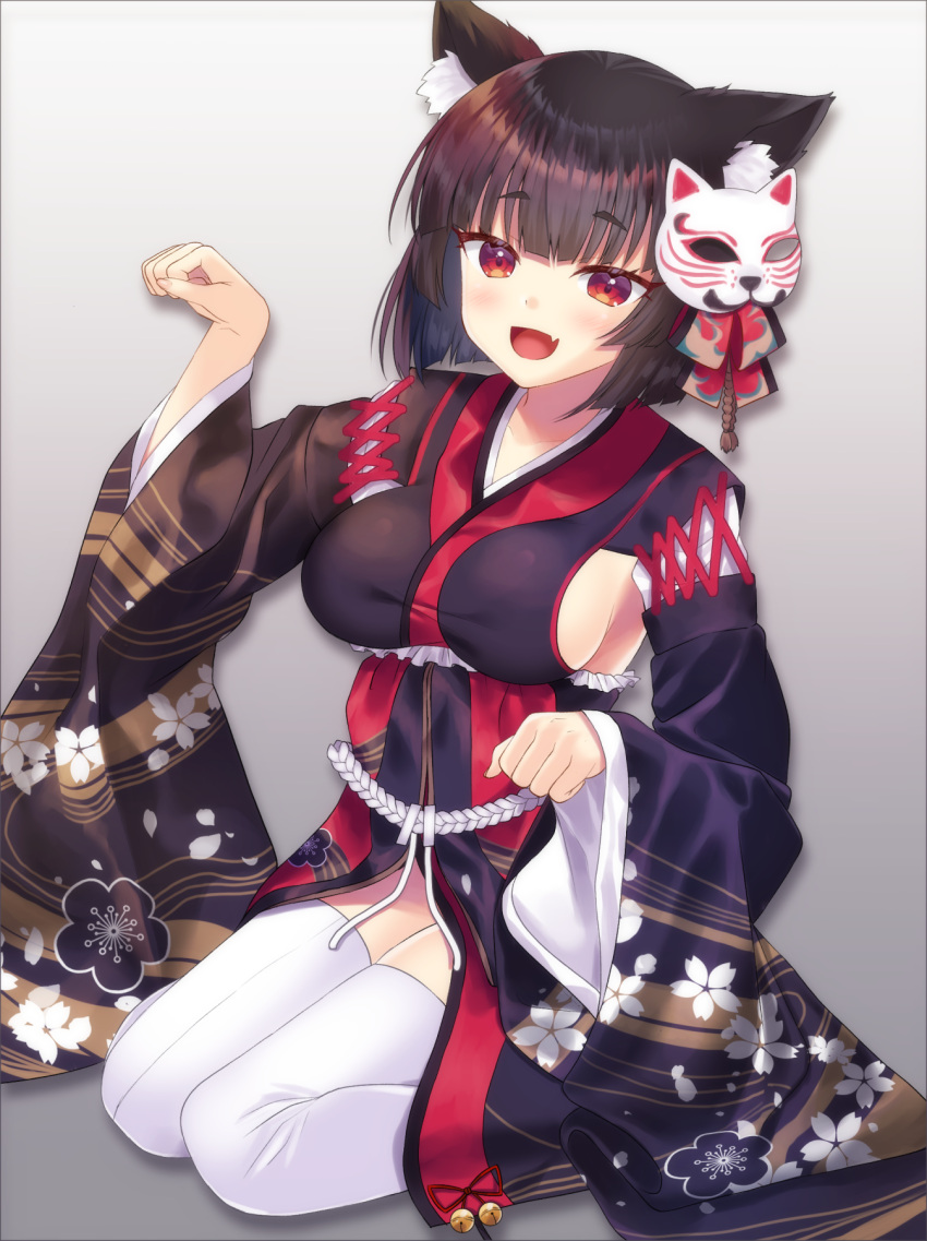 1girl :d animal_ears azur_lane bangs bell black_kimono breasts brown_hair cat_ears cat_mask commentary_request eyebrows_visible_through_hair fang fingernails floral_print hand_up highres honami_(yths4221) japanese_clothes jingle_bell kimono large_breasts long_sleeves looking_at_viewer mask mask_on_head open_mouth red_eyes red_ribbon ribbon short_hair sideboob sitting smile solo thigh-highs wariza white_legwear wide_sleeves yamashiro_(azur_lane)