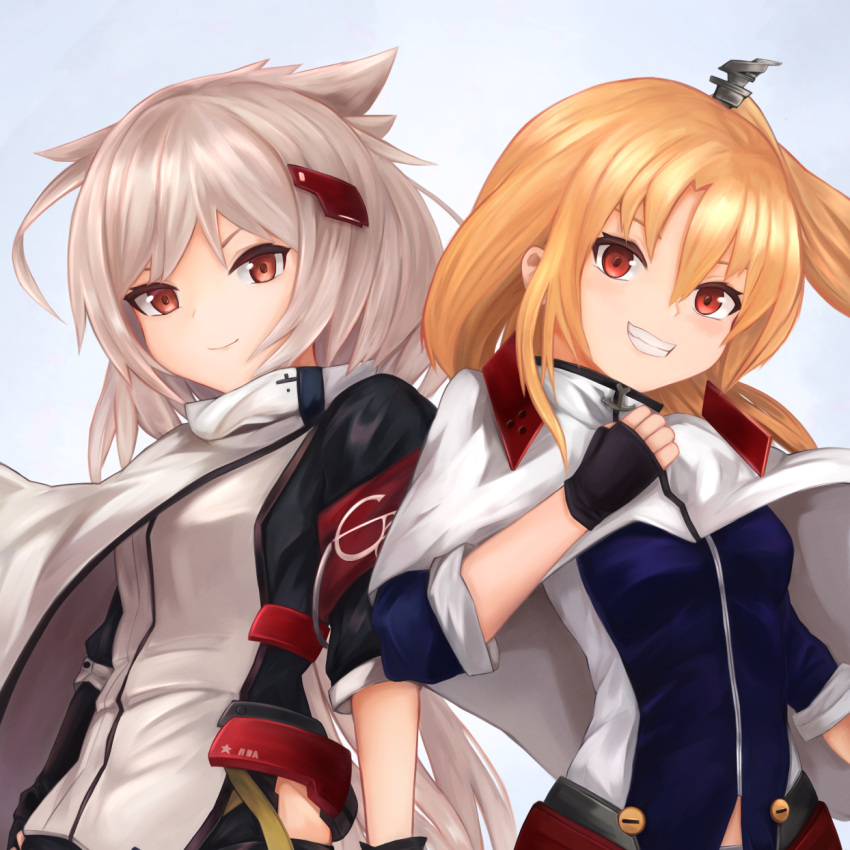 2girls arms_at_sides azur_lane blonde_hair cape clenched_hand cleveland_(azur_lane) cowboy_shot eyebrows_visible_through_hair fingerless_gloves gloves hair_between_eyes hair_flaps highres montpelier_(azur_lane) multiple_girls red_eyes ryara_vivi short_hair side_ponytail silver_hair smile white_background