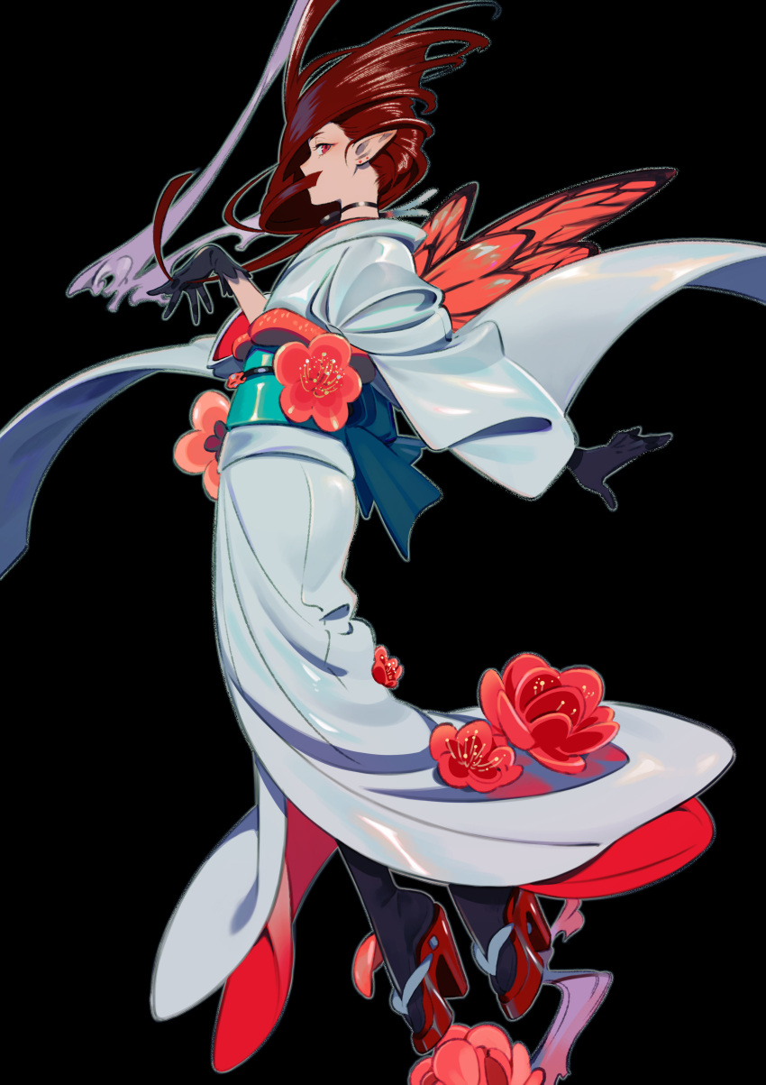 1girl absurdres black_background black_choker black_gloves brown_hair choker covered_mouth earrings fairy_wings flower from_side gloves grey_kimono high_heels highres japanese_clothes jewelry kimono long_sleeves looking_at_viewer looking_to_the_side obi original pointy_ears red_flower red_footwear sash simple_background solo umishima_senbon wings