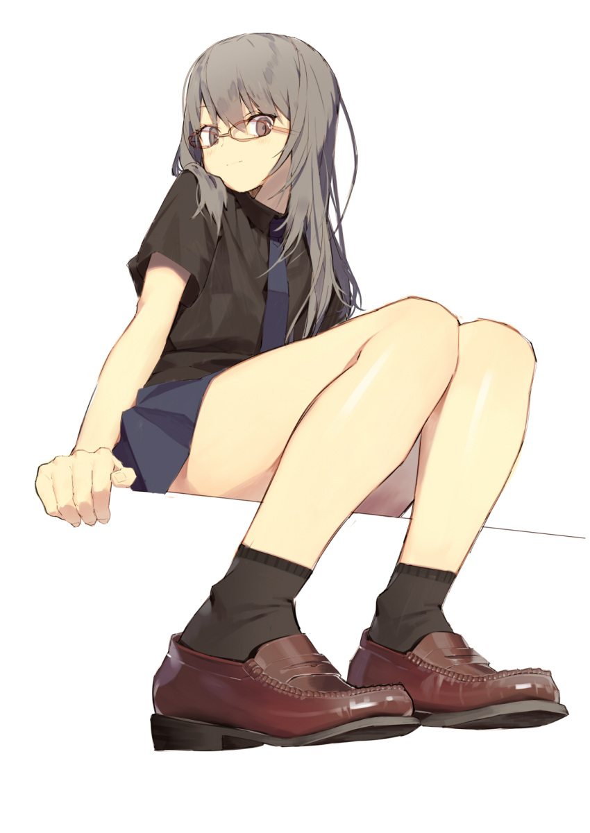 1girl black_legwear black_shirt blue_skirt brown_footwear closed_mouth commentary from_below glasses grey_eyes grey_hair highres loafers long_hair looking_at_viewer misoni_comi original shirt shoes short_sleeves simple_background sitting skirt smile socks solo white_background