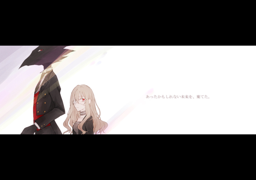 1boy 1girl bangs black_jacket black_neckwear black_skin black_suit blonde_hair caron_(higyaku_no_noel) choker demon_boy dress eyepatch formal hair_between_eyes higyaku_no_noel jacket long_hair long_sleeves medical_eyepatch necktie noel_cerquetti red_eyes suit