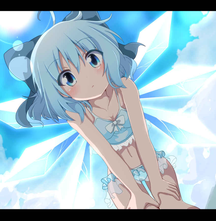 1girl ahoge bikini blue_bikini blue_bow blue_eyes blue_hair blue_sky blush bow cirno clouds collarbone commentary_request day do_(4-rt) eyebrows_visible_through_hair eyes_visible_through_hair from_below hair_between_eyes hair_bow hands_on_own_knees highres ice ice_wings leaning_forward lens_flare letterboxed looking_at_viewer outdoors short_hair sky solo sun swimsuit touhou wings