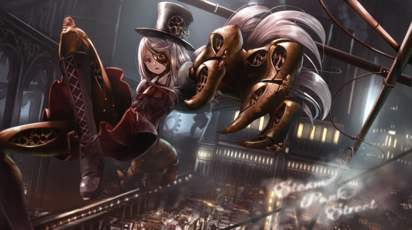 1girl ascot bangs boots city cross-laced_footwear dress foreshortening gears hat knee_up lace-up_boots long_hair looking_at_viewer mecha_musume mechanical_arms mechanical_eye mechanical_hand mechanical_legs open_mouth original pipes red_eyes ryosios silver_hair smoke solo steampunk steampunk_girl_(ryosios) swept_bangs title top_hat
