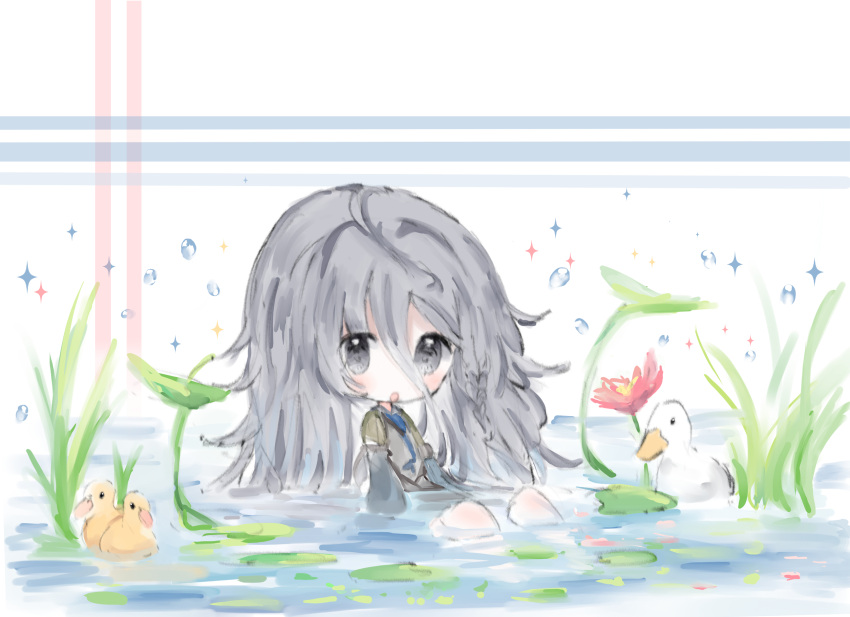 1girl :o animal bangs bird blue_neckwear blush braid collared_shirt cottontailtokki duck eyebrows_visible_through_hair flower girls_frontline green_jacket grey_shirt hair_between_eyes highres jacket long_hair looking_at_viewer necktie open_clothes open_jacket parted_lips partially_submerged red_flower shirt side_braid silver_hair single_braid sitting solo sparkle very_long_hair water xm8_(girls_frontline)