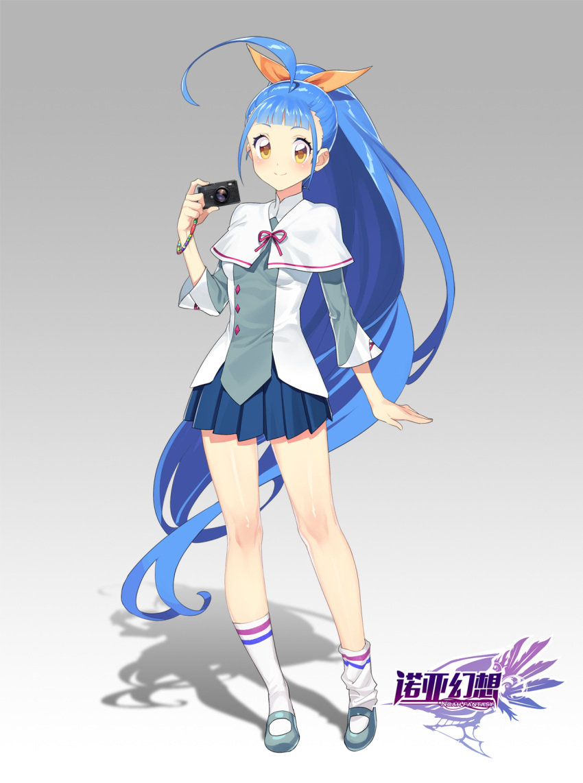 1girl :d ahoge arm_at_side armband bangs blue_hair blue_skirt blush bow breasts brown_eyes camera capelet character_request copyright_name full_body grey_background grey_footwear hair_bow hand_up high_ponytail highres huge_ahoge kushabiria long_hair looking_at_viewer noah_fantasy official_art open_mouth orange_bow skirt small_breasts smile socks standing very_long_hair watermark white_capelet