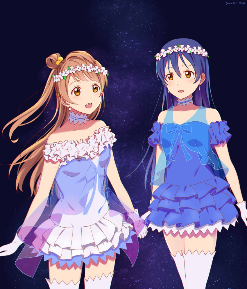 2girls bare_shoulders blue_hair blush choker commentary_request cowboy_shot dress earrings flower gloves grey_hair hair_ornament hand_holding head_wreath highres jewelry long_hair love_live! love_live!_school_idol_project minami_kotori multiple_girls one_side_up open_mouth oriki_tomoko smile sonoda_umi thigh-highs white_gloves yellow_eyes yume_no_tobira