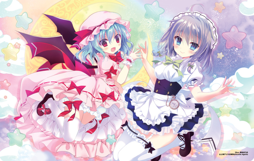 2girls :d ahoge apron artist_name bangs bat_wings black_skirt black_wings blue_eyes blue_hair blush bow braid breasts brown_footwear closed_mouth clouds commentary_request crescent_moon dress eyebrows_visible_through_hair frilled_apron frilled_legwear frills garter_straps green_bow hair_between_eyes hair_bow hat head_tilt high_heels izayoi_sakuya long_hair looking_at_viewer looking_to_the_side maid_headdress medium_breasts mob_cap moon multiple_girls open_mouth pink_dress pink_hat pocket_watch puffy_short_sleeves puffy_sleeves red_bow red_eyes remilia_scarlet shirt shiwasu_horio shoes short_sleeves skirt smile star thigh-highs touhou twin_braids waist_apron watch watermark white_apron white_legwear white_shirt wings