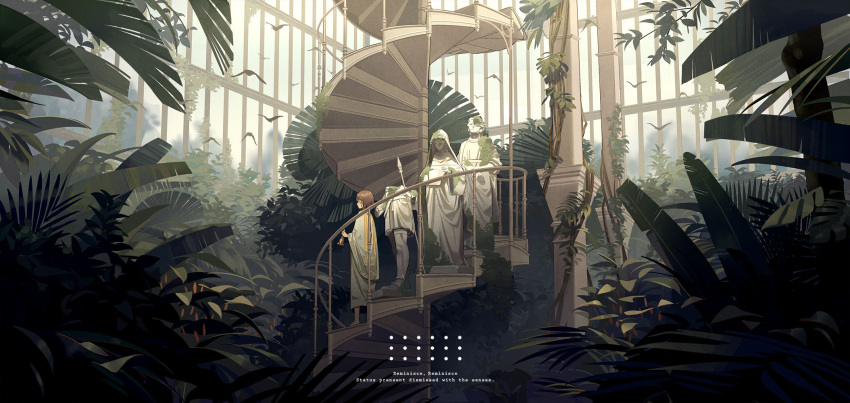 1girl barefoot bell bird brown_hair closed_eyes column commentary fern highres holding long_sleeves moss norizc original pillar robe scenery short_hair solo stairs stairwell standing statue tree walking wide_sleeves
