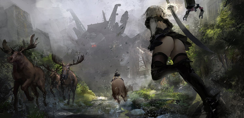 1girl android ass back_cutout black_dress black_hairband boots dress drone feather-trimmed_sleeves fog from_behind from_below gloves hairband high_heel_boots high_heels juliet_sleeves katana legs long_sleeves moose nier_(series) nier_automata outdoors pod_(nier_automata) puffy_sleeves qosic robot ruins running silver_hair sword sword_behind_back thigh-highs thigh_boots thighhighs_under_boots thighs tree upskirt vambraces weapon yorha_no._2_type_b