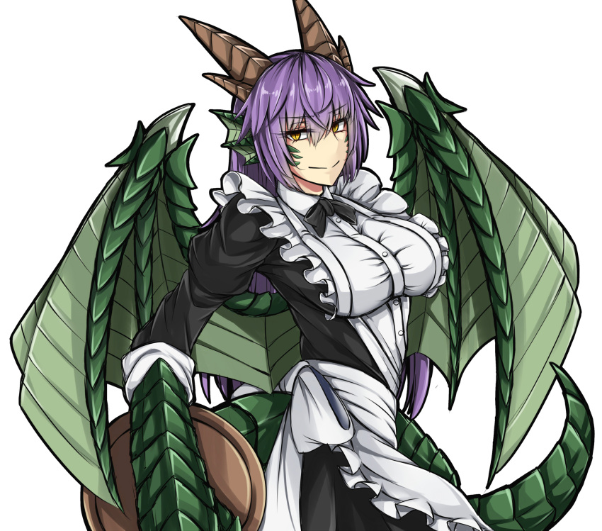 1girl alternate_costume black_outline breasts commentary dragon_(monster_girl_encyclopedia) dragon_girl dragon_tail dragon_wings enmaided eyebrows_visible_through_hair eyes_visible_through_hair frills hair_between_eyes head_fins highres horns large_breasts long_hair looking_at_viewer maid monster_girl monster_girl_encyclopedia purple_hair sanmotogoroo scales simple_background slit_pupils solo tail white_background wings yellow_eyes