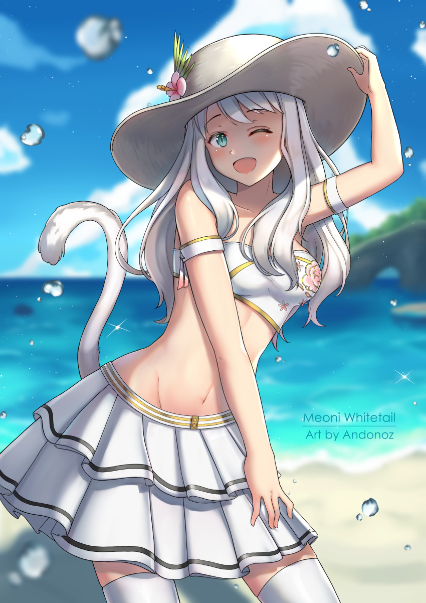 1girl absurdres andonoz arm_garter artist_name bandeau bare_shoulders beach blue_eyes blue_sky blurry blurry_background cat_tail character_name clouds collarbone commission day eyebrows_visible_through_hair final_fantasy final_fantasy_xiv hat highres long_hair looking_at_viewer midriff miqo'te navel one_eye_closed open_mouth skirt sky slit_pupils solo standing strapless summer tail thigh-highs water white_hair
