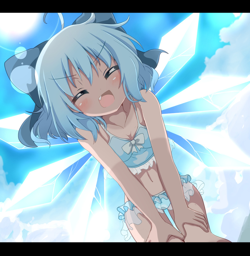 1girl :d ^_^ ahoge bikini blue_bikini blue_bow blue_hair blue_sky blush bow cirno closed_eyes closed_eyes clouds collarbone day do_(4-rt) eyebrows_visible_through_hair eyes_visible_through_hair facing_viewer fang from_below hair_between_eyes hair_bow hands_on_own_knees highres ice ice_wings leaning_forward lens_flare letterboxed open_mouth outdoors short_hair sky smile solo sun swimsuit tan tanline tanned_cirno touhou v-shaped_eyebrows wings