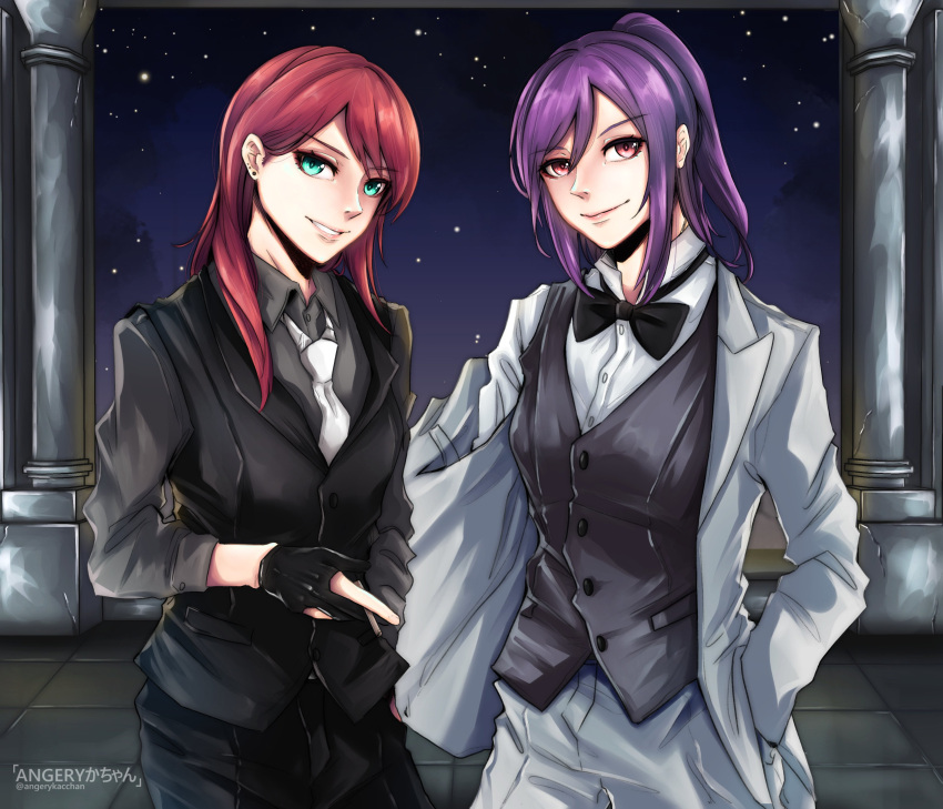 2girls absurdres angerykacchan artist_name bang_dream! black_suit commentary formal green_eyes hand_in_pocket highres long_hair multiple_girls necktie ponytail purple_hair red_eyes redhead seta_kaoru sidelocks sky star_(sky) starry_sky suit twitter_username udagawa_tomoe vest white_suit