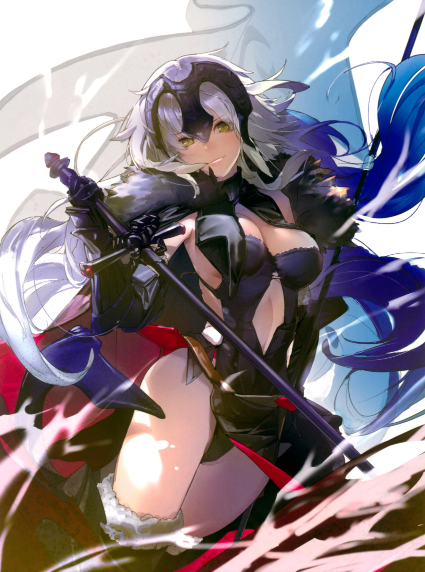 1girl absurdres breasts cape center_opening cleavage cropped elbow_gloves fate/grand_order fate_(series) flag fur_trim gauntlets gloves grin head_tilt headpiece highleg highleg_leotard highres jeanne_d'arc_(alter)_(fate) jeanne_d'arc_(fate)_(all) large_breasts leotard looking_at_viewer medium_hair scan silver_hair smile solo souji_hougu sword thigh-highs weapon wind wind_lift yellow_eyes