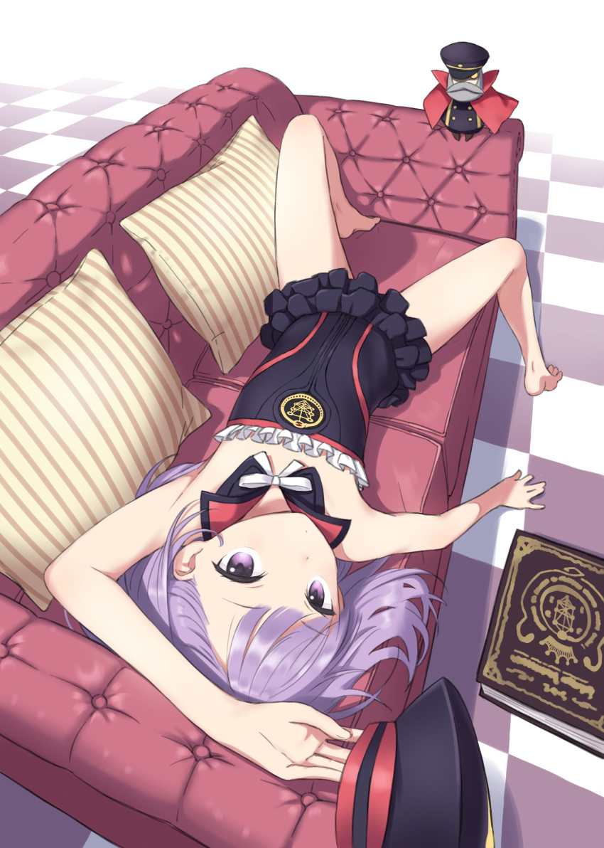 1girl absurdres arm_up armpits bangs bare_shoulders barefoot book checkered colonel_olcott_(fate/grand_order) couch detached_collar dress eyebrows_visible_through_hair fate/grand_order fate_(series) flat_chest foreshortening frilled_dress frills hat hat_removed headwear_removed helena_blavatsky_(fate/grand_order) highres laika_(sputnik2nd) looking_at_viewer lying on_back pillow purple_hair short_hair simple_background solo strapless strapless_dress violet_eyes white_background