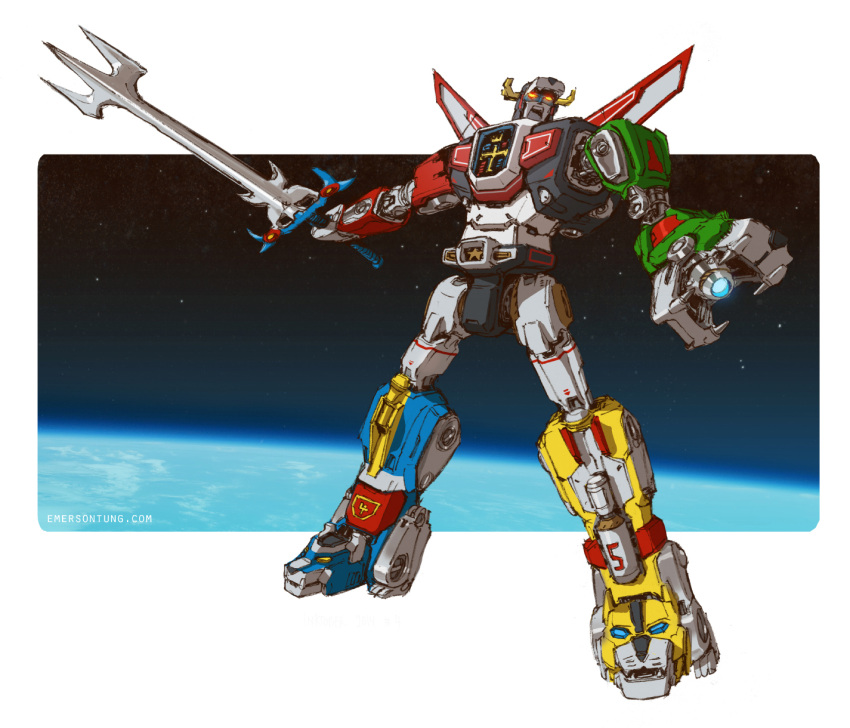 angry arm_cannon commentary cross deviantart_username earth emblem emerson_tung energy_cannon english_commentary fangs glowing glowing_eyes golion_(mecha) highres hyakujuu-ou_golion jaws lion mecha orbit original planet polearm redesign science_fiction shouting signature space star super_robot sword trident voltron_(mecha) weapon
